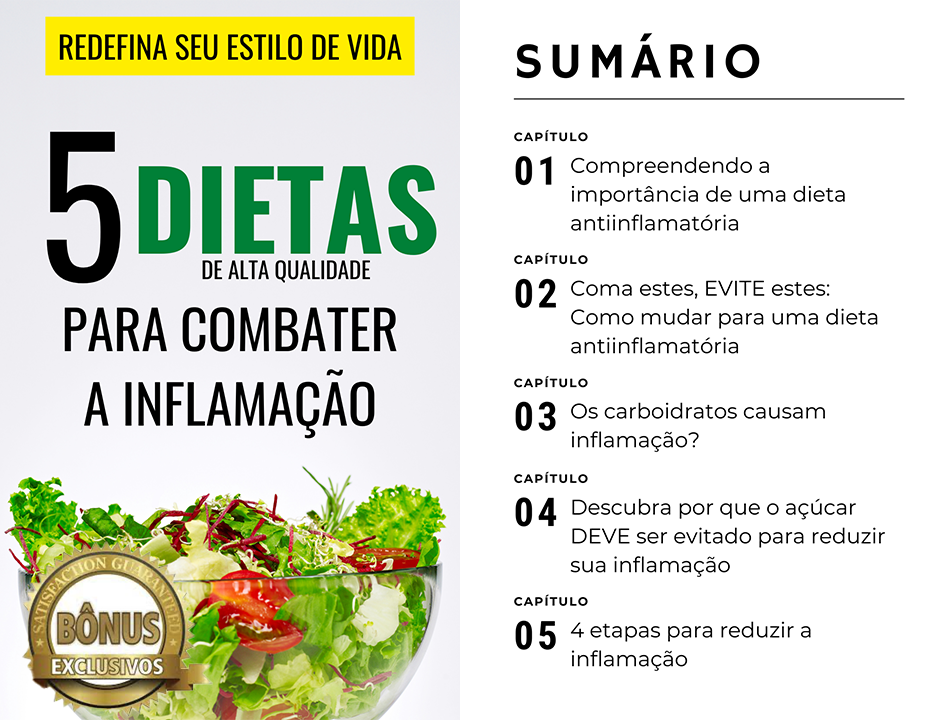 Imagem de capa e sumario do Ebook 5 Dicas e Dietas para Combater a Inflamação do Corpo