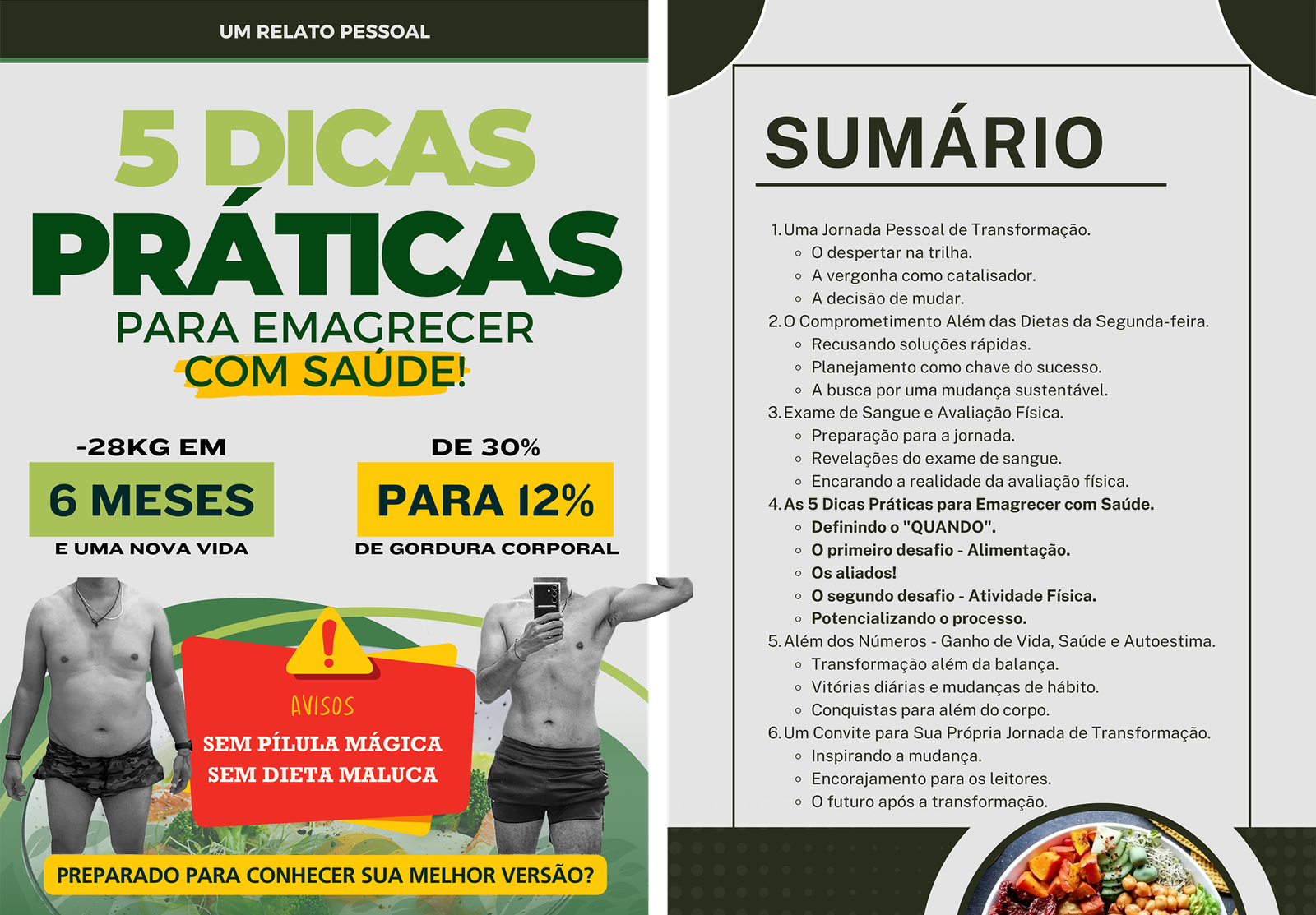 Imagem de capa e sumario do Ebook 5 Dicas Praticas para Emagrecer com Saude